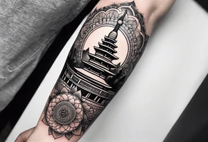 The back of a forearm tattoo with the background as a world map surrounded by a mandala with a Buddhist stupa at the bottom tattoo idea