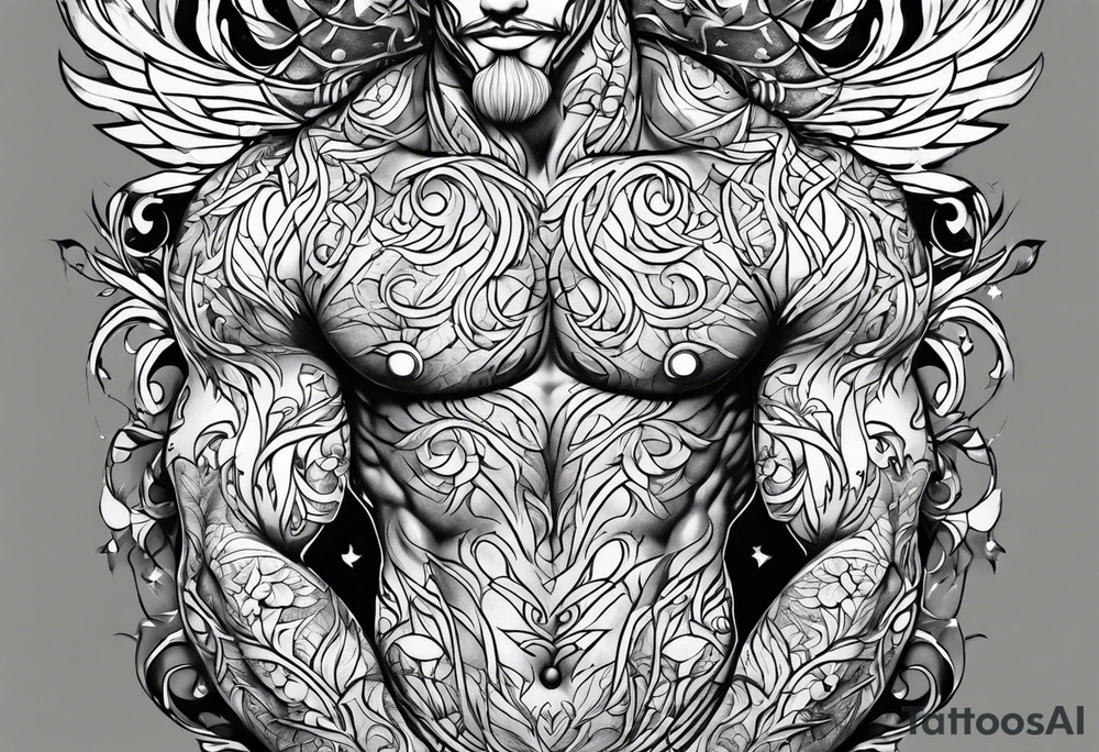 vines coming from skin and wrapping around body. front torso (chest, abs) male tattoo idea