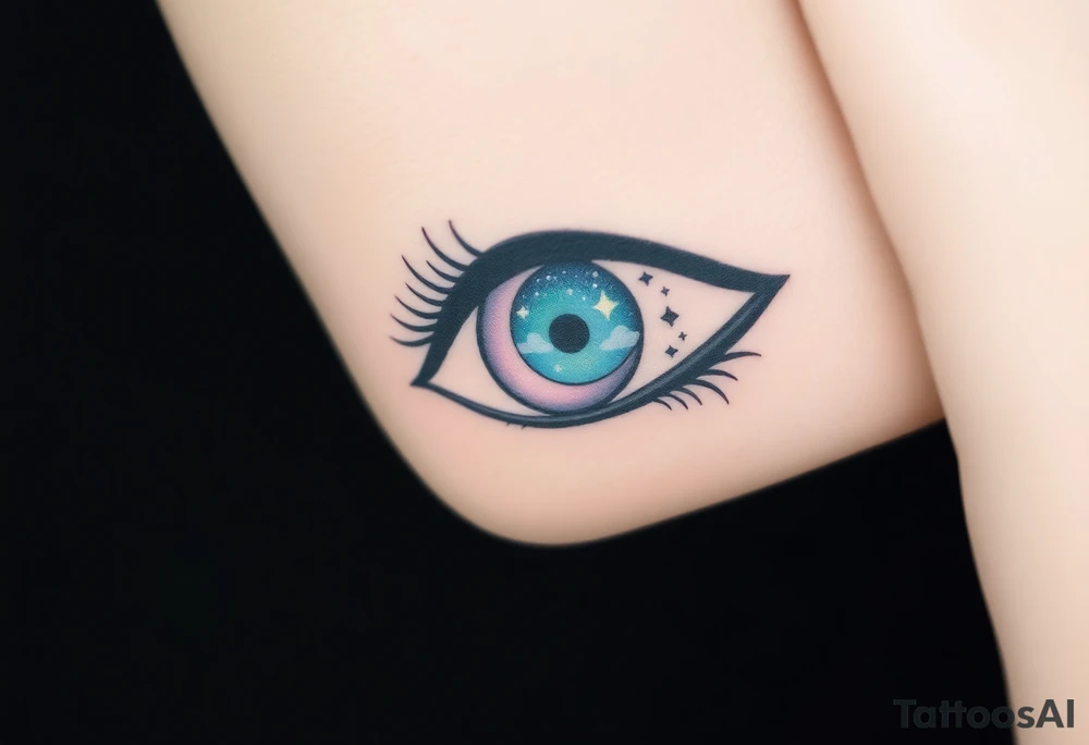 Large outline of an eye shaped like an almond with eye colored greenish blue with long pretty black eyelashes + spade symbol  for the eyeball inside of the eye + a crescent moon stars and clouds inside of the eyeball only + using vivid colors like blue green purple light blue light green light purple tattoo idea