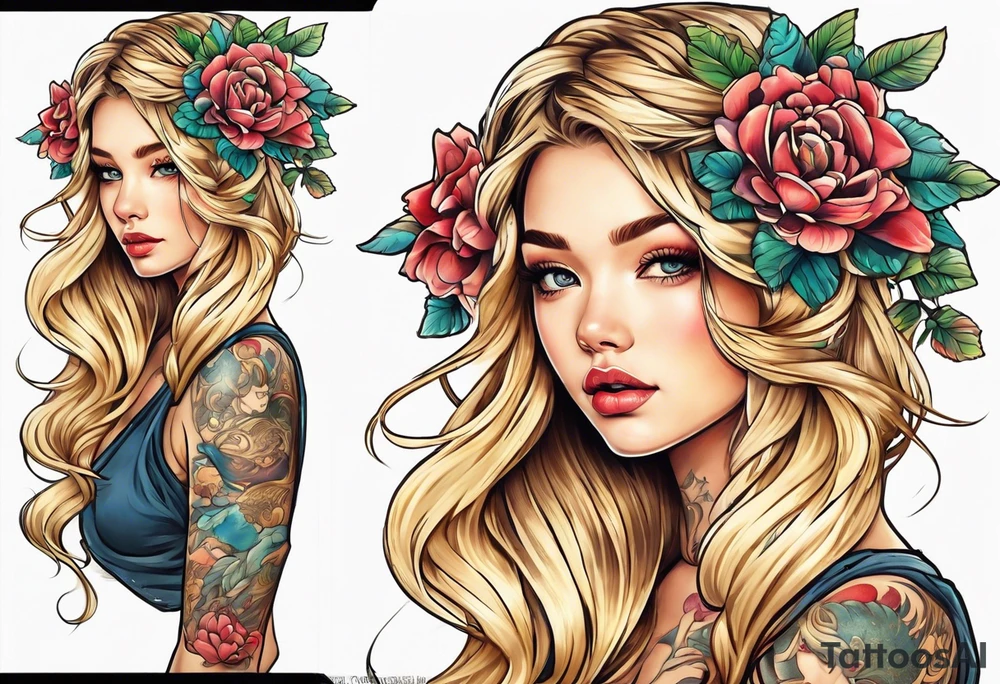 Most beautiful petite golden haired girl getting beamed down to earth from the mother ship tattoo idea