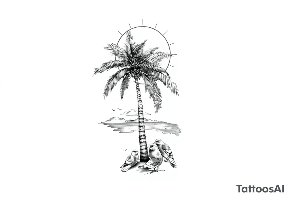 palm tree, sun, beach, birds tattoo idea