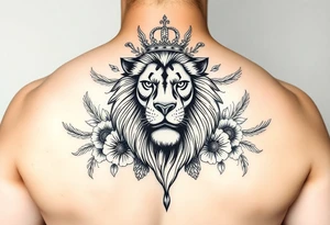 powerful majestic lion with a crown, surrounded by floral ornaments and birds tattoo idea