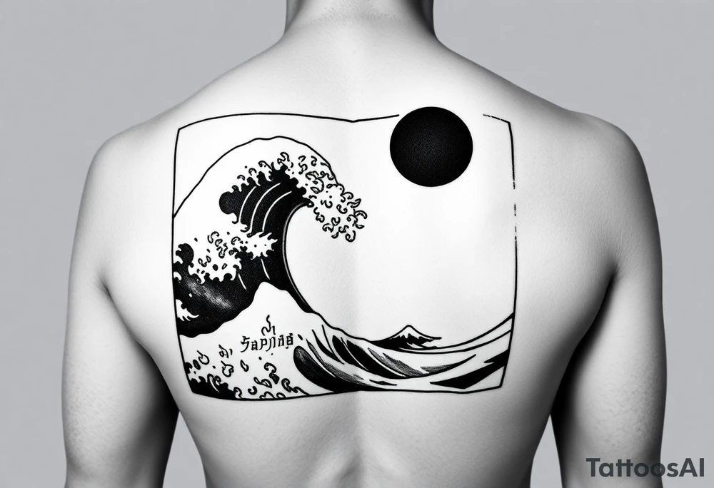 Black and white design in a vertical rectangular border, sized to fit the upper arm. Inside the border, a powerful Hokusai-style wave dominates the scene—dynamic, dramatic, and detailed with traditional Japanese woodblock linework. In the top right or left corner, include a solid black or partially shaded sun, contrasting against the wave. The entire composition should feel bold yet balanced, with the wave filling most of the space while keeping a clean, framed appearance. The style should stay true to traditional Japanese art but adapted for a modern tattoo aesthetic. tattoo idea