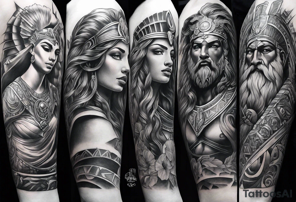 Full Arm sleeve. Mixed gods including.
Greek gods & Egyptian gods & norse gods and Christianity tattoo idea