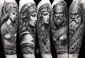 Full Arm sleeve. Mixed gods including. 
Greek gods & Egyptian gods & norse gods and Christianity tattoo idea
