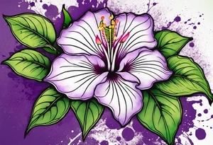 A mystical outline of a dipladenia flower and a green/purple watercolor splatter in the background to make the flower mainly green with purple highlights tattoo idea