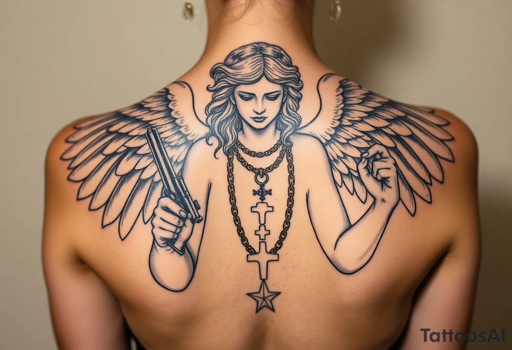 old angel statue in criminal style, tattooed and at the same time contemporary, weapons in hand, gangster-style gold necklaces tattoo idea