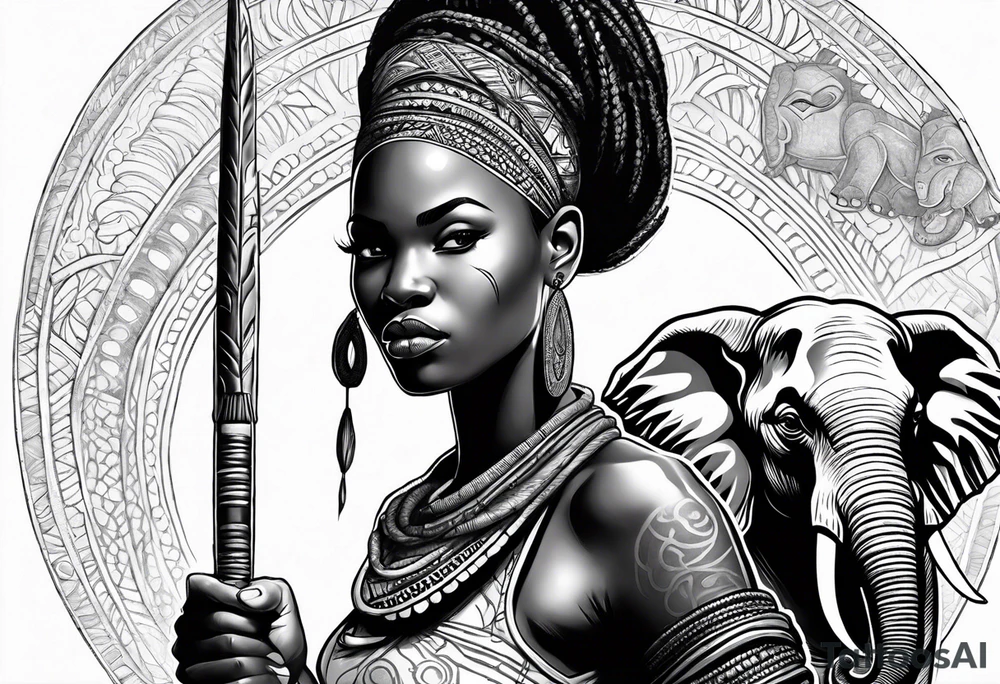 African woman warrior with tribe scars and spear in hand with elephant in background tattoo idea