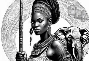 African woman warrior with tribe scars and spear in hand with elephant in background tattoo idea