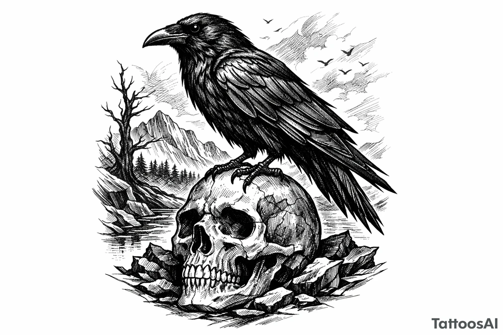 a raven standing on a skull, landscape. tattoo idea