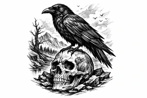 a raven standing on a skull, landscape. tattoo idea
