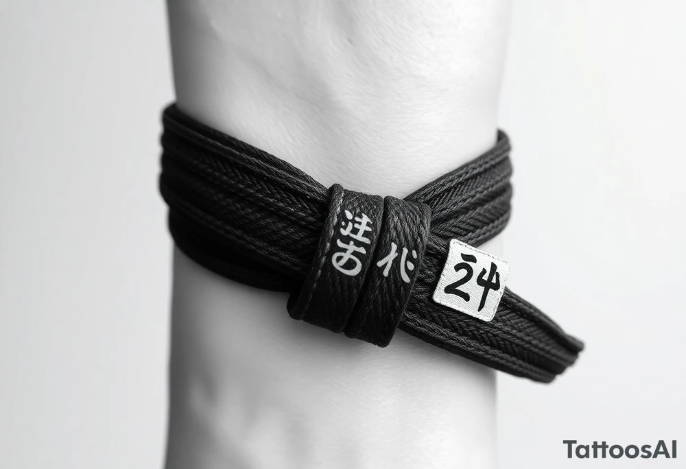 A realistic black and gray tattoo of a Brazilian Jiu-Jitsu black belt wrapping around the wrist like a bracelet. The belt is tied in a knot with one end showing the number 30 and the other showing 24. On the flat end of the belt, two Japanese kanji characters are inked in white: 成長 (growth) and 忍耐 (perseverance). The belt has subtle stitch marks and worn, textured shading for a slightly distressed, authentic look. tattoo idea