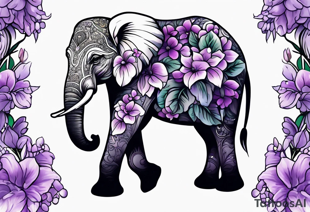 Elephant face covered in lilacs tattoo idea