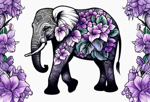 Elephant face covered in lilacs tattoo idea