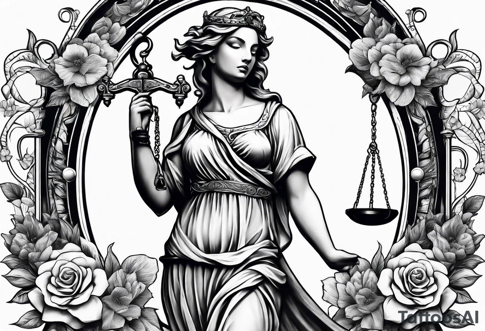 Sleeve with lady justice and flowers tattoo idea