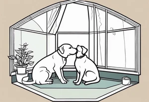 dog and cat sitting on floor and looking out octagonal window together tattoo idea