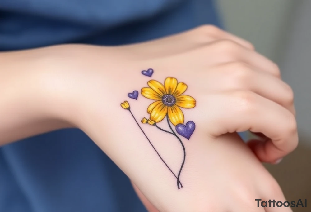 Yellow daisy Purple Hearts in heaven tattoo idea