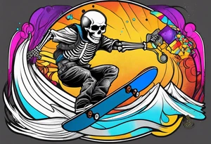 Black and grey skeleton riding a colorful snowboard doing a tail grab with a shot of whiskey in its hand tattoo idea