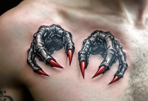 A pair of Xenomorph hands reaching forward, with biomechanical texture, glowing neon red nails, and black shadowed fingers. tattoo idea