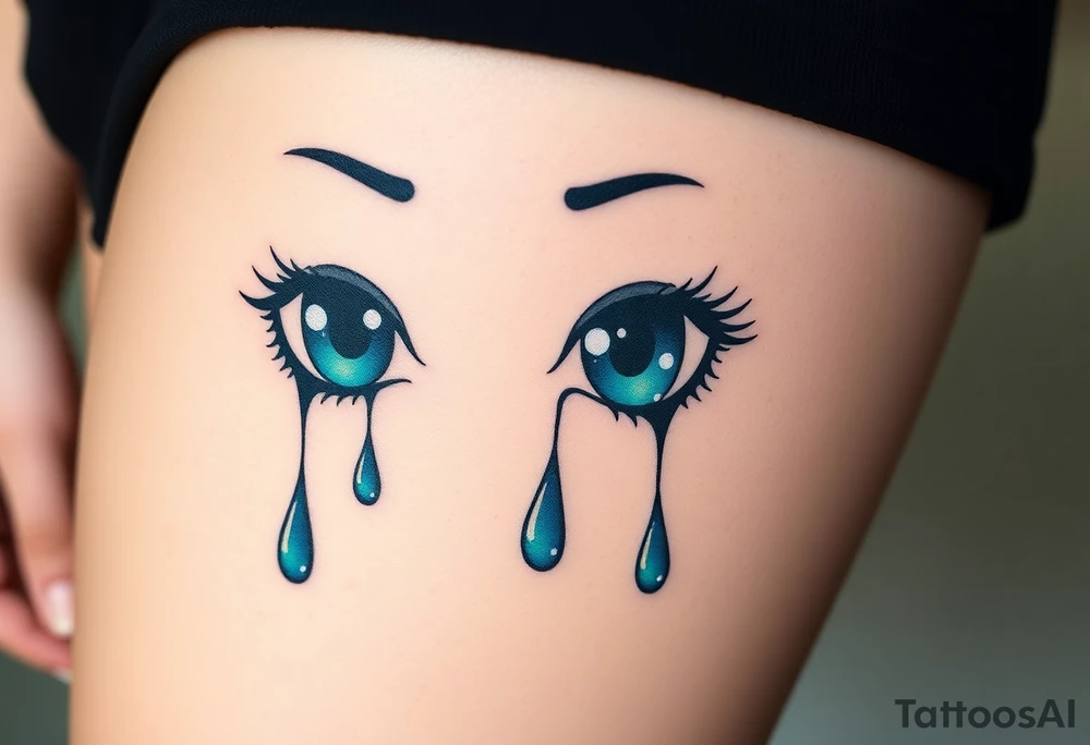 teary eyes with dripping teardrops colored in deep blues and greens, with a faint reflection of the night sk tattoo idea