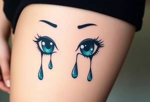 teary eyes with dripping teardrops colored in deep blues and greens, with a faint reflection of the night sk tattoo idea