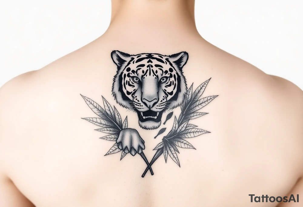 Tiger within palm leaves tattoo idea