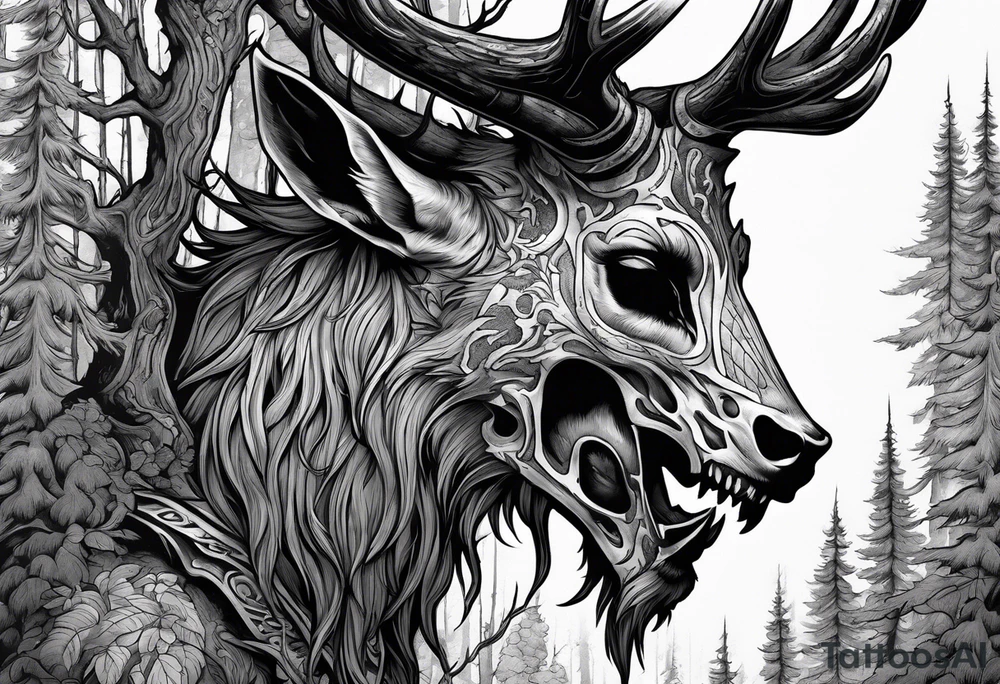 A side profile of a wendigo with a decayed deer skull head in a forest fire tattoo idea