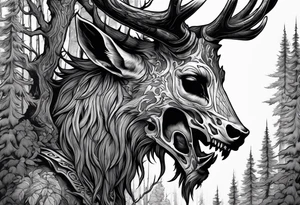 A side profile of a wendigo with a decayed deer skull head in a forest fire tattoo idea