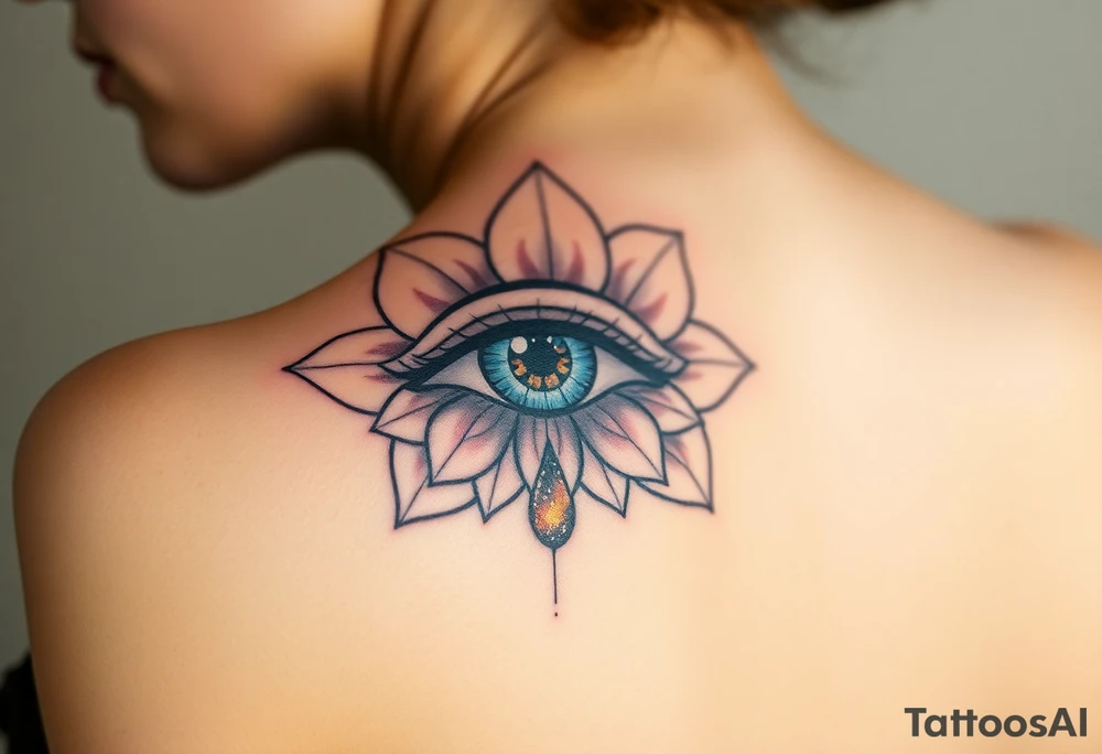 Teary eye with a dripping teardrop with gold flecks suspended in a lotus flower tattoo idea