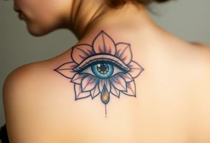 Teary eye with a dripping teardrop with gold flecks suspended in a lotus flower tattoo idea