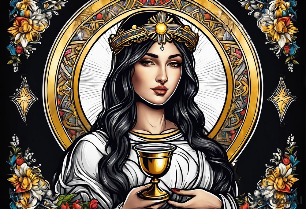 holy saint woman with golden halo holding a chalice tattoo idea