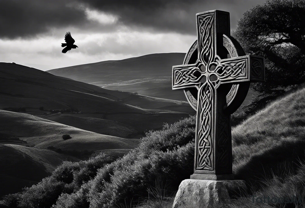 A monochromatic scene of a stone Celtic cross standing tall against a windswept hill. The intricate designs etched into the cross are starkly contrasted against its weathered, black surface. At the arm of the cross, a large raven perches elegantly, its ebony feathers seemingly absorbing the light. The bird's piercing eyes are fixed on something beyond the viewer's sight, lending an air of mystery to the already enigmatic monument. The surrounding landscape is desolate and barren, with the occasional tuft of brown grass struggling to survive the harsh elements. A veil of fog hovers just above the ground, adding to the eerie atmosphere and further isolating the cross from the world around it. The image evokes a sense of timelessness and the enduring strength of Celtic heritage, even in the face of the relentless march of time. tattoo idea