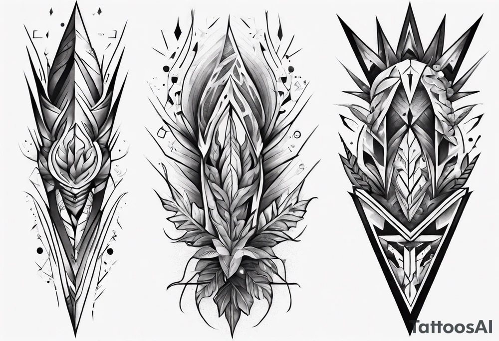 full arm tattoo. pointy leaves combined with geometric shapes. whole arm tattoo idea