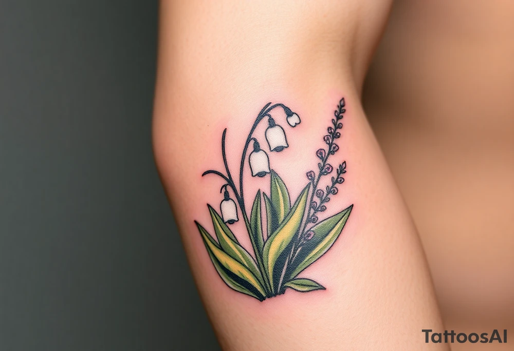 Small White lily in the valley bells growing next to other different colored lilie plants planted 
around  blooming hawthorn tree tattoo idea