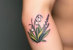 Small White lily in the valley bells growing next to other different colored lilie plants planted 
around  blooming hawthorn tree tattoo idea