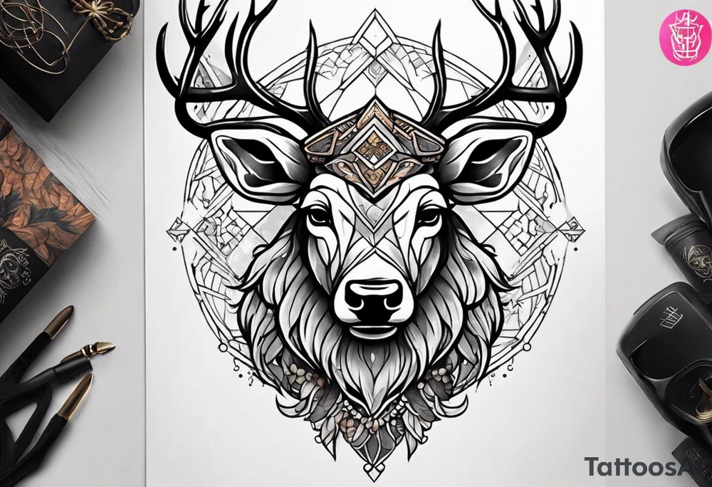 back tattoo of a front view reindeer with half the face as a skull tattoo idea