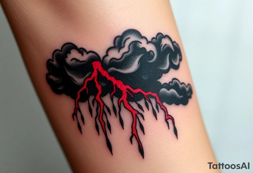 Dark, black menacing storm clouds with creepy red bolts of lightning & heavy rain coming down tattoo idea