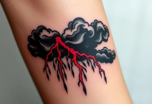 Dark, black menacing storm clouds with creepy red bolts of lightning & heavy rain coming down tattoo idea