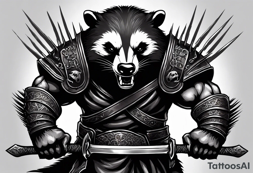 Draw me psychopath Badger/Berserker with aggressive full body, killer face with a scary smile, very long nails and he attacks like a Bloody Assassin/Warrior/Gladiator to us and also, he has very deadly looking. He fights with his nails. Everybody scares after their first sight. Give me horror type Badger Tattoo. I want to see his Realistic full body. tattoo idea