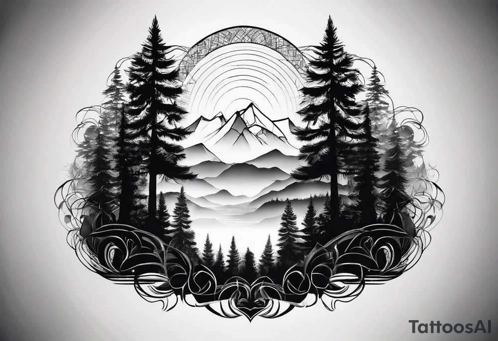 Wald silhouette mit Geometric Muster im Hintergrund tattoo idea