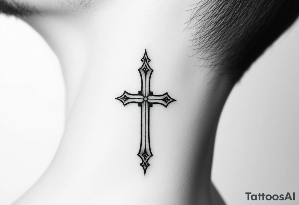 orthodox christian cross relatively small on side of left neck tattoo idea