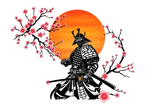 noble samurai warrior silhouette at sunset with cherry blossoms tattoo idea
