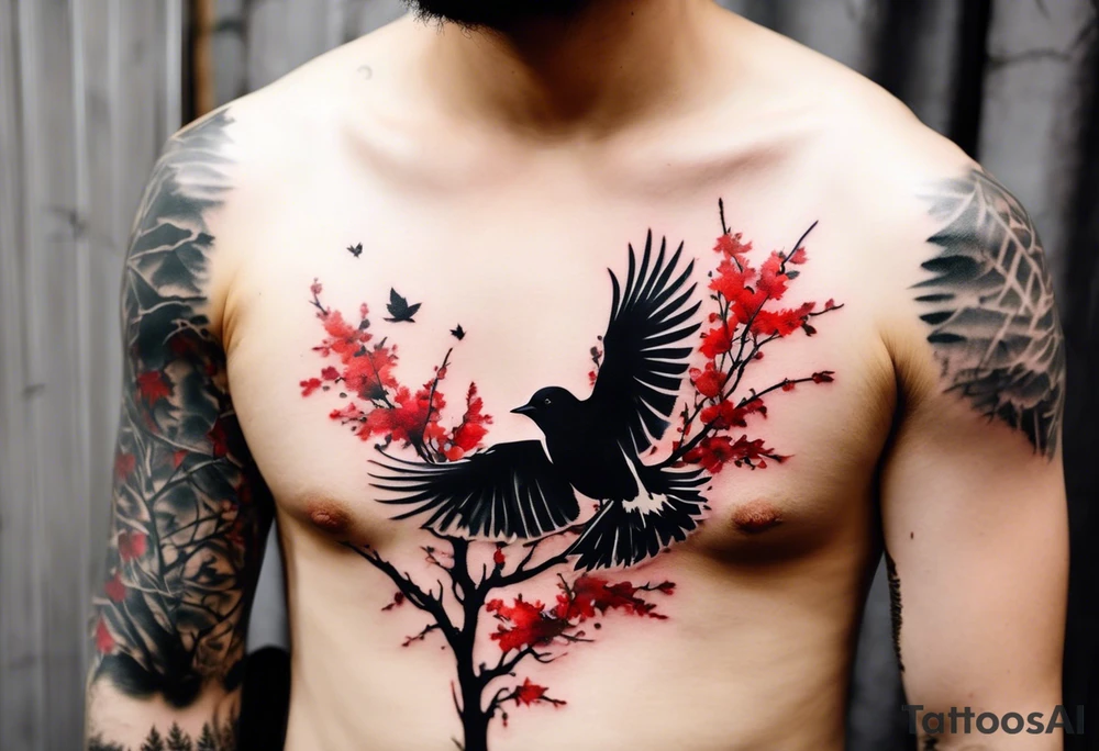 trash polka style. Arm tattoo. chest tattoo. Long tattoo. large tattoo. Full sleeve. Shoulder. A single large maple tree with red autumn leaves that branches upwards from wrist to shoulder. White-throated dipper bird on the trees branches. Calluna flowers at the base of the trees stem. Tree stem has dark colors. Red/yellow sunset behind the trees stem. Leaves falling. tattoo idea