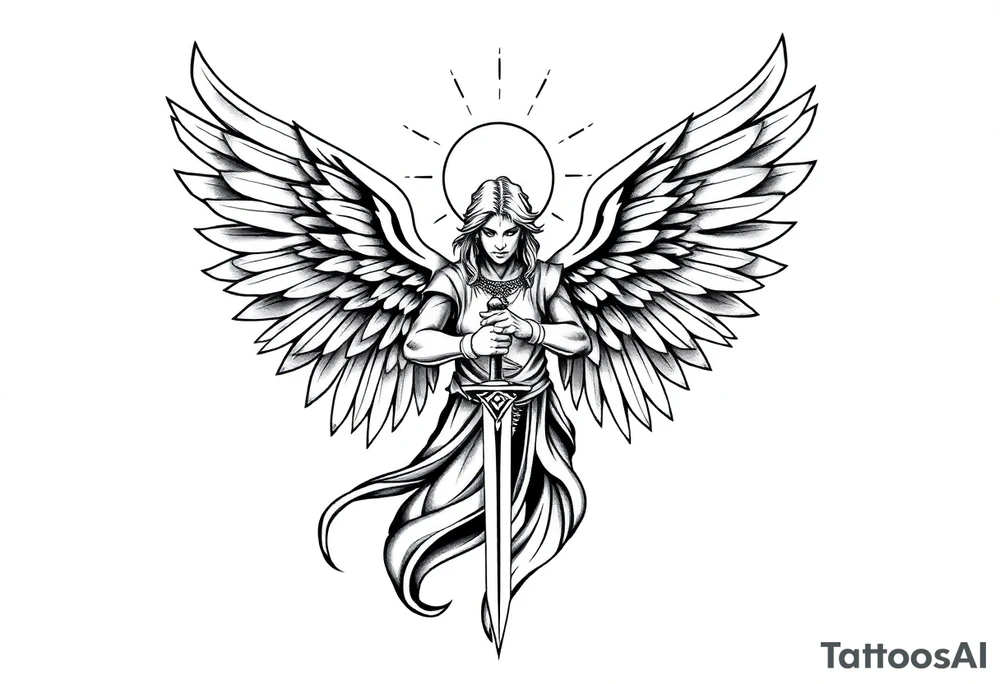 Majestic and powerful archangel wearing a halo, having six wings, weilding a sword tattoo idea