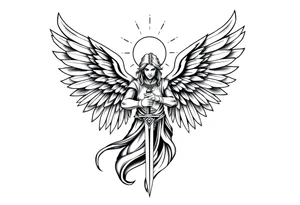 Majestic and powerful archangel wearing a halo, having six wings, weilding a sword tattoo idea