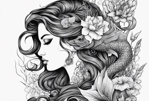 Mermaid face and half body looking at seahorse both on side profile. Trident near hair, horns coming from head. Flowers and reeds, tattoos on skin, big lips and eyes tattoo idea