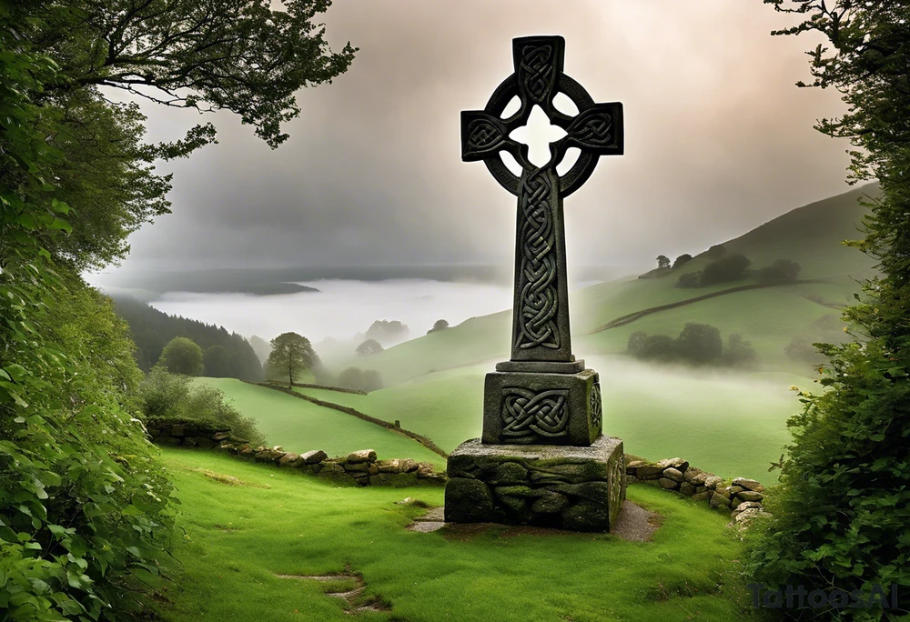A stone Celtic cross standing tall against the backdrop of a misty, overgrown hillside. The cross is fashioned from weathered gray stone, its arms intricately carved with intertwining knots and spirals that evoke the artistry of ancient Celtic craftsmanship. At the intersection of the arms, a large, flat stone serves as the base, adorned with a carving of a knotwork circle. Perched atop the outermost arm of the cross is a raven, its ebony feathers shining in the soft, diffused light. The bird's head is tilted slightly to the side, its beady eyes fixed on something in the distance, as if lost in thought or contemplation. The surroundings are quiet and serene, with a light breeze rustling through the wild grass and the distant calls of unseen birds. The Celtic cross stands as a testament to the enduring spirit of the Celts, its presence echoing through the centuries, its story waiting to be told. tattoo idea