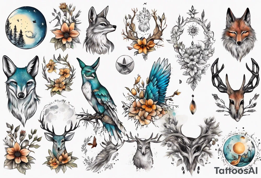 wasser, sonne, mond, fuchs, eule kolibri, wald, hirsch, blume des lebens, 
baum, berlin tattoo idea