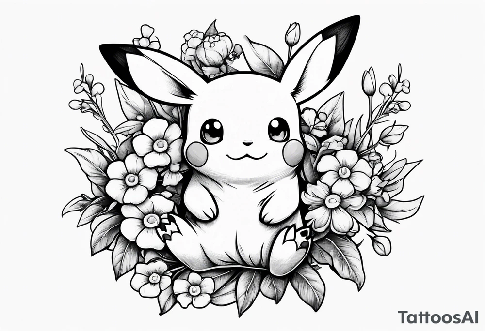 A loose bouquet of forget me knots and cute pikachu at the bottom holding them tattoo idea