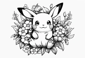 A loose bouquet of forget me knots and cute pikachu at the bottom holding them tattoo idea